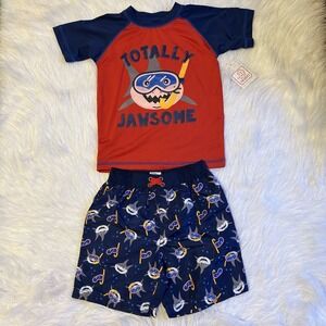 Swiggles Swimsuit Toddler Boys Size 2T Red Blue‎ Shark Two Piece Set Rashguard